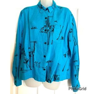 Chico's Turquoise Abstract Giraffe Print Linen Blouse